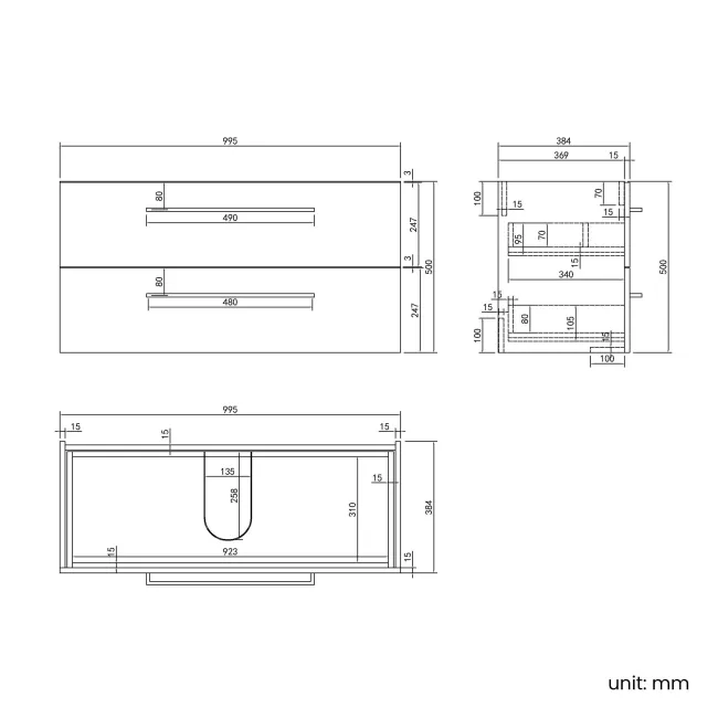 Elba Inky Blue Wall Hung Basin Drawer Vanity 1000mm - Black Accents