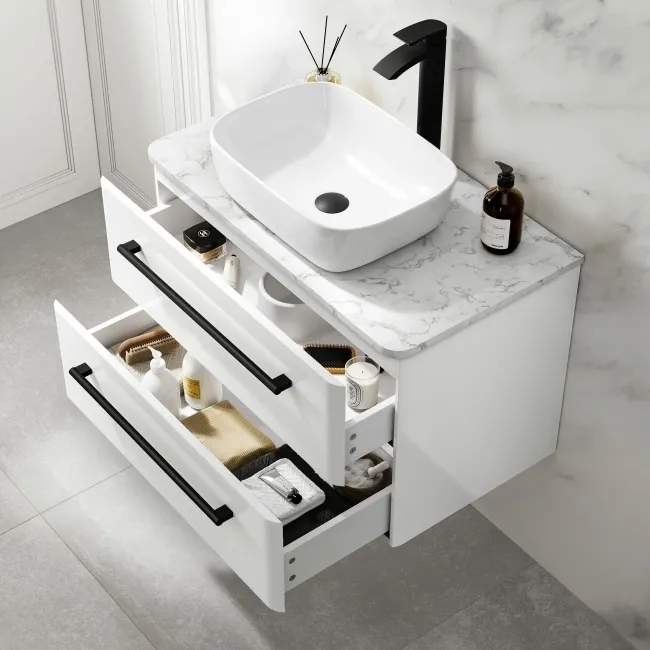 Omaha Gloss White Wall Hung Drawer Vanity with Marble Top & Curved Counter Top Basin 800mm - Black Accents