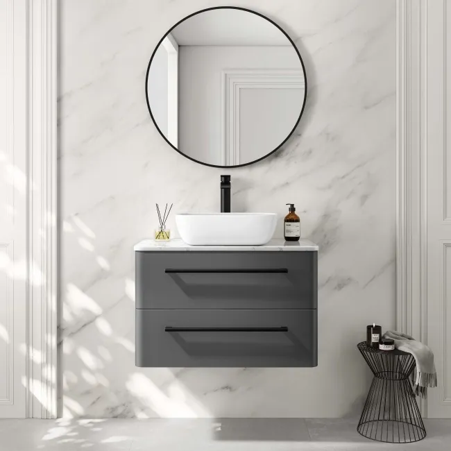 Omaha Slate Grey Wall Hung Drawer Vanity with Marble Top & Curved Counter Top Basin 800mm - Black Accents