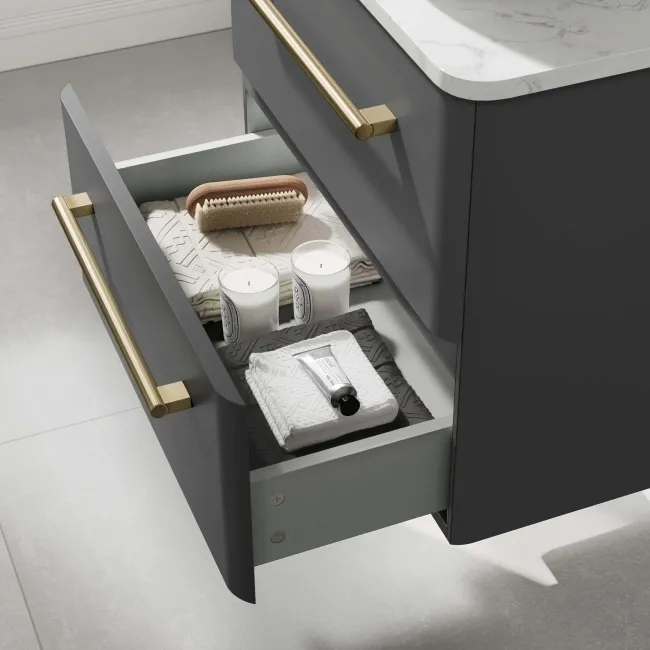 Omaha Slate Grey Wall Hung Drawer Vanity with Marble Top & Curved Counter Top Basin 600mm - Brushed Brass Accents