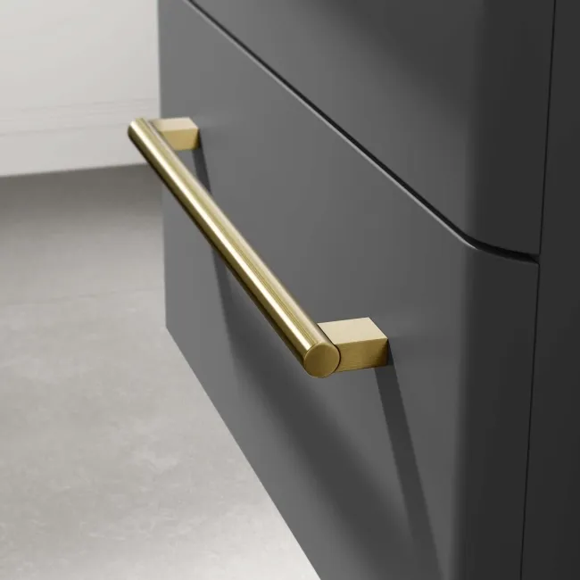 Omaha Slate Grey Wall Hung Drawer Vanity with Marble Top & Curved Counter Top Basin 600mm - Brushed Brass Accents