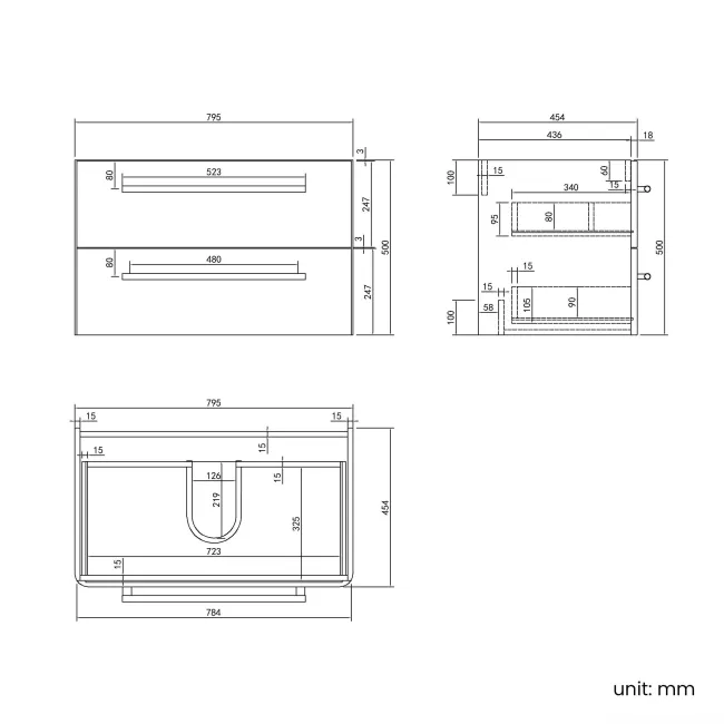 Omaha Slate Grey Wall Hung Drawer Vanity with Marble Top 800mm (Excludes Counter Top Basin) - Brushed Brass Accents