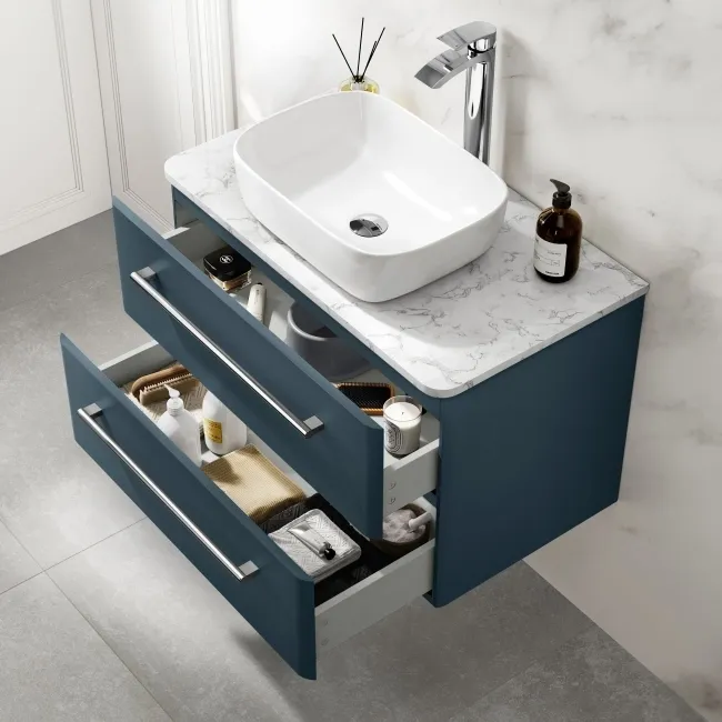 Omaha Navy Blue Wall Hung Drawer Vanity with Marble Top & Curved Counter Top Basin 800mm