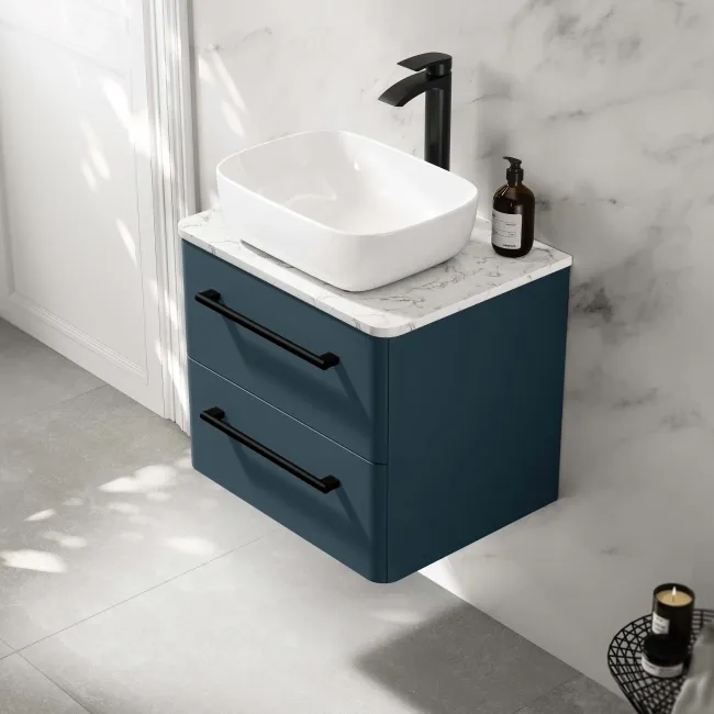 Omaha Navy Blue Wall Hung Drawer Vanity with Marble Top & Curved Counter Top Basin 600mm - Black Accents