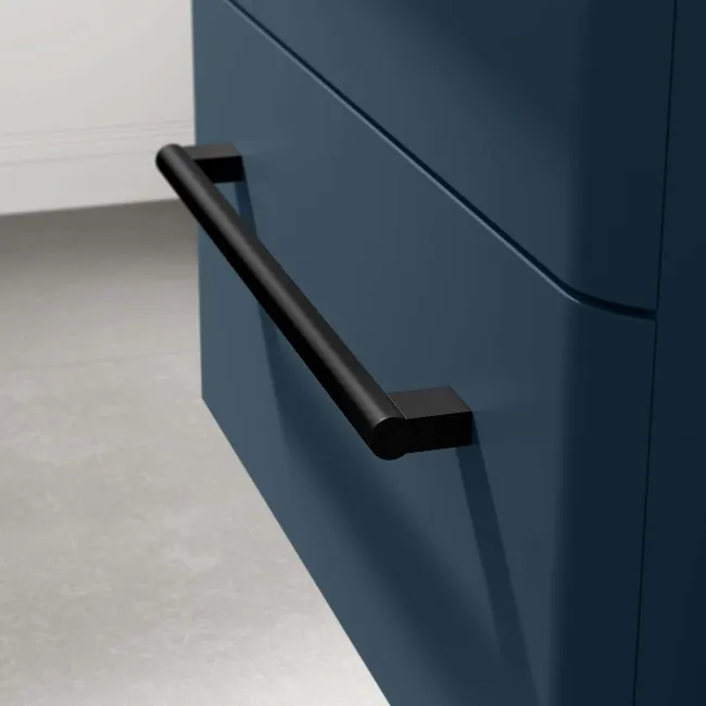 Omaha Navy Blue Wall Hung Drawer Vanity with Marble Top & Marin Basin 600mm - Black Accents