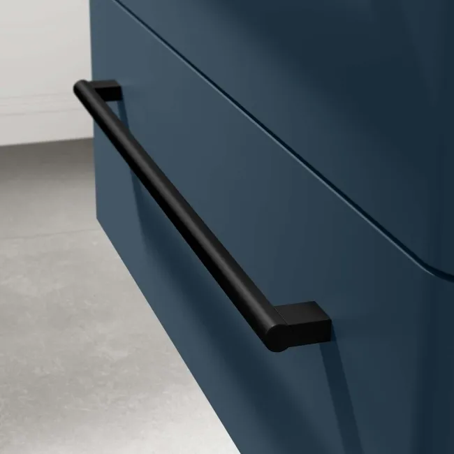Omaha Navy Blue Wall Hung Drawer Vanity with Marble Top & Curved Counter Top Basin 800mm - Black Accents