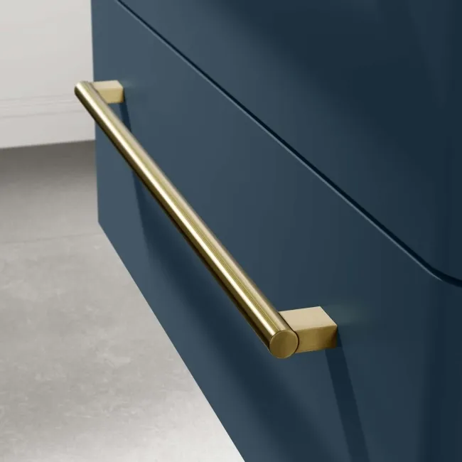 Omaha Navy Blue Wall Hung Drawer Vanity with Marble Top & Marin Basin 800mm - Brushed Brass Accents