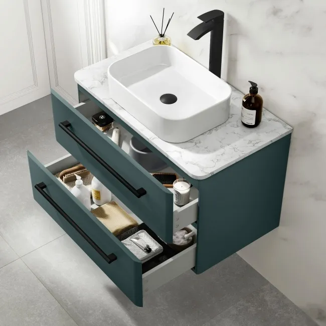 Omaha Mystic Green Wall Hung Drawer Vanity with Marble Top & Marin Basin 800mm - Black Accents
