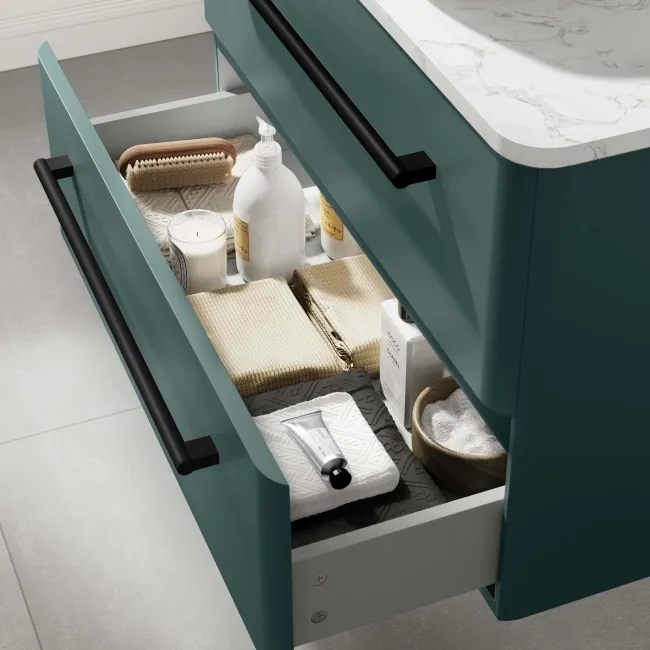 Omaha Mystic Green Wall Hung Drawer Vanity with Marble Top & Marin Basin 800mm - Black Accents