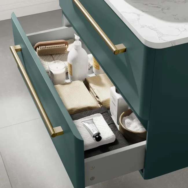 Omaha Mystic Green Wall Hung Drawer Vanity with Marble Top & Marin Basin 800mm - Brushed Brass Accents