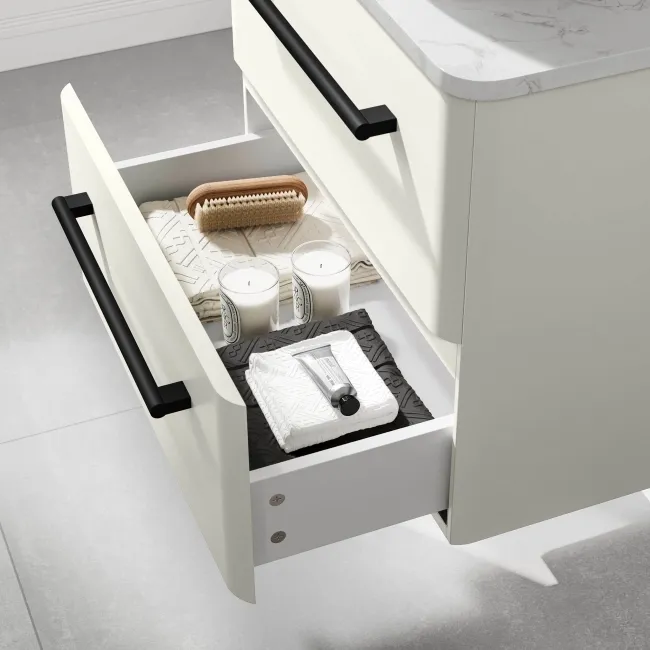 Omaha Linen White Wall Hung Drawer Vanity with Marble Top & Marin Basin 600mm - Black Accents