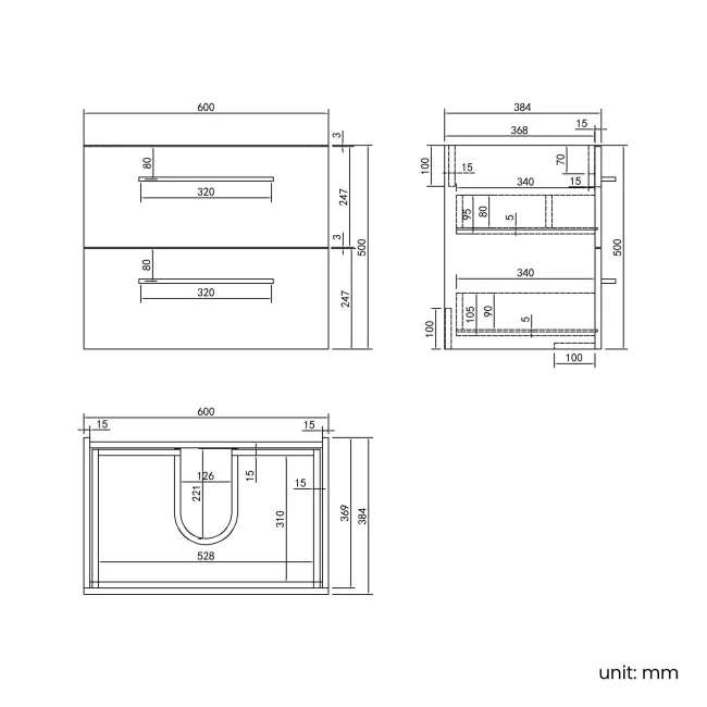 Elba Dawn Oak Wall Hung Drawer Vanity with Marble Top & Curved Counter Top Basin 600mm - Black Accents