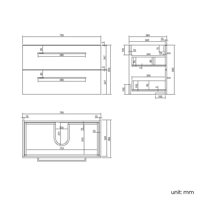 Elba Dawn Oak Wall Hung Drawer Vanity with Marble Top & Curved Counter Top Basin 800mm - Black Accents