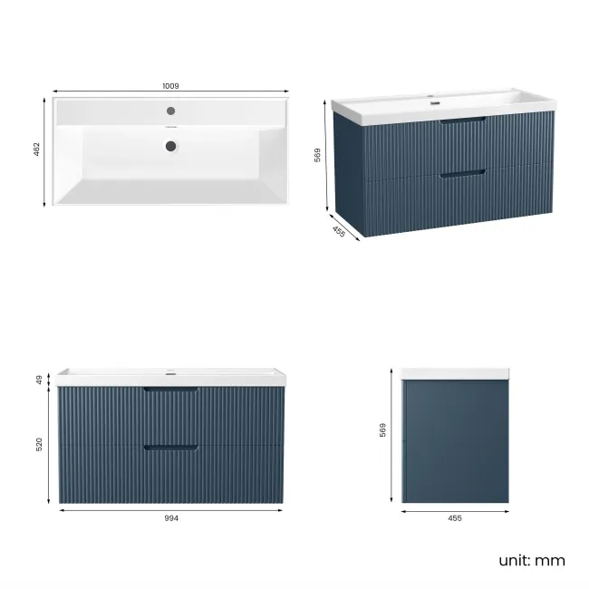 Crete Fluted Navy Blue Wall Hung Basin Drawer Vanity 1000mm