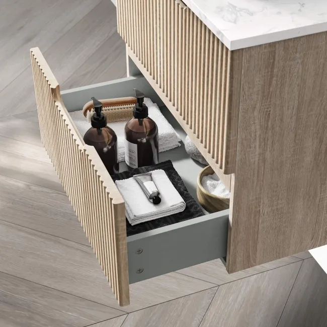 Crete Fluted Apex Oak Wall Hung Drawer Vanity with Marble Top & Curved Basin 600mm