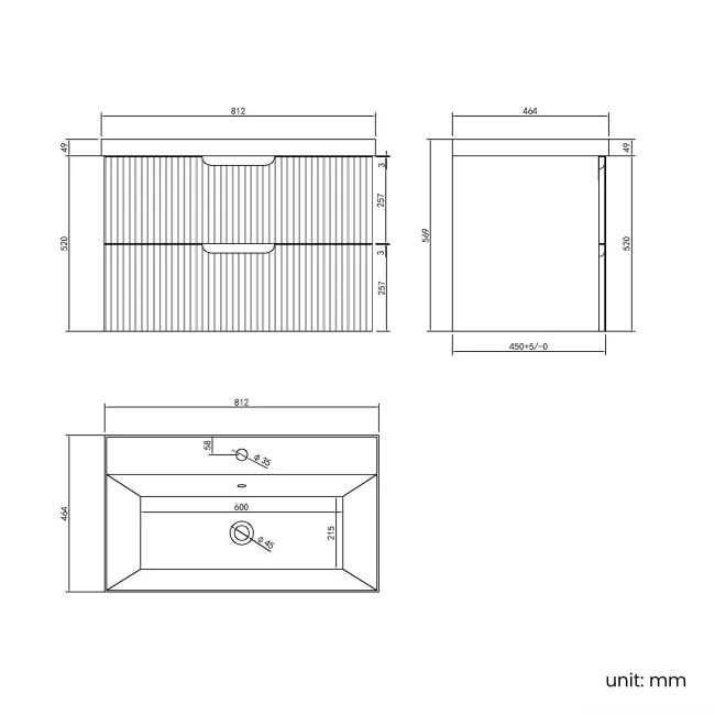 Crete Fluted Apex Oak Wall Hung Basin Drawer Vanity 800mm