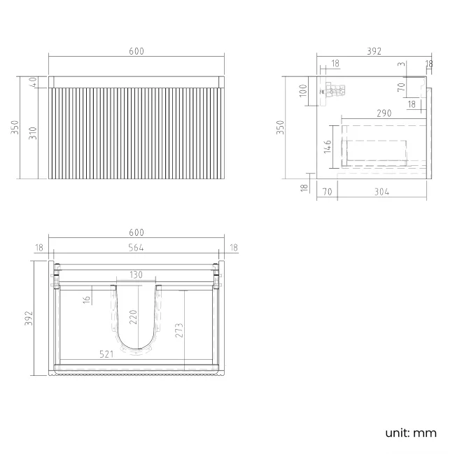 Malta Fluted Country Oak Wall Hung Basin Drawer Vanity 600mm