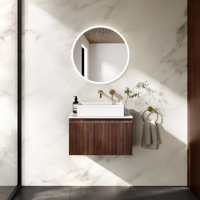 Malta Fluted Black Walnut Wall Hung Drawer Vanity with Marble Top & Cody Basin 600mm
