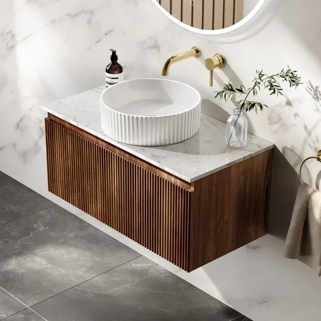 Malta Fluted Black Walnut Wall Hung Drawer Vanity with Marble Top & Nevis Basin 800mm