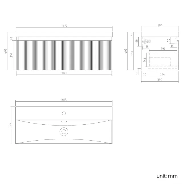 Malta Fluted Black Walnut Wall Hung Basin Drawer Vanity 1000mm