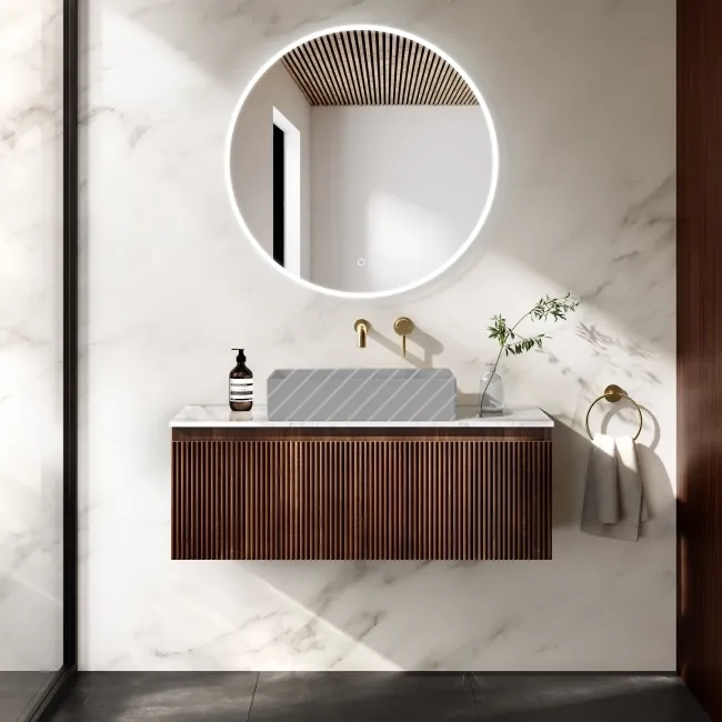 Malta Fluted Black Walnut Wall Hung Drawer Vanity with Marble Top 1000mm - Excludes Counter Top Basin