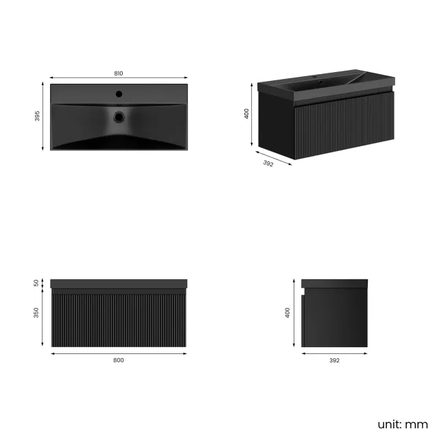 Malta Fluted Matt Black Wall Hung Drawer Vanity with Matt Black Basin 800mm