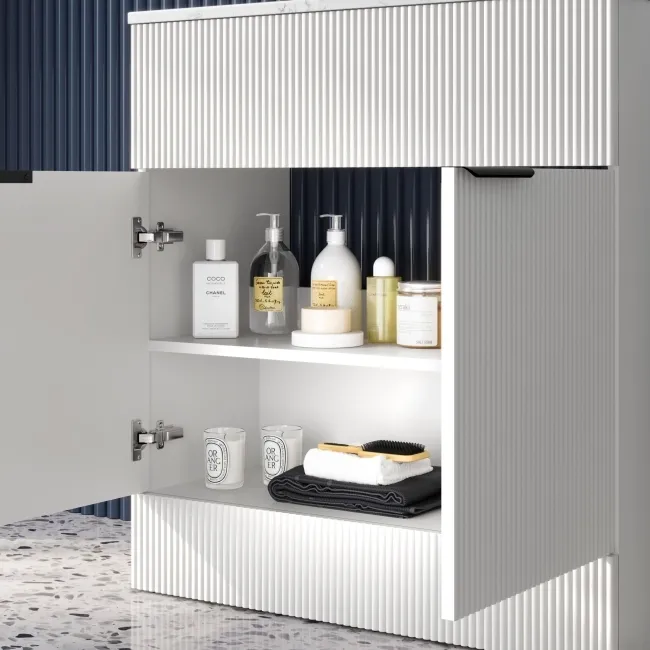 Havana Fluted Coastal White Cabinet with Marble Top & Reno Basin 800mm - Black Accents