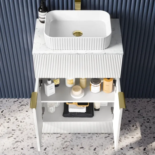 Havana Fluted Coastal White Cabinet with Marble Top & Reno Basin 600mm - Brushed Brass Accents
