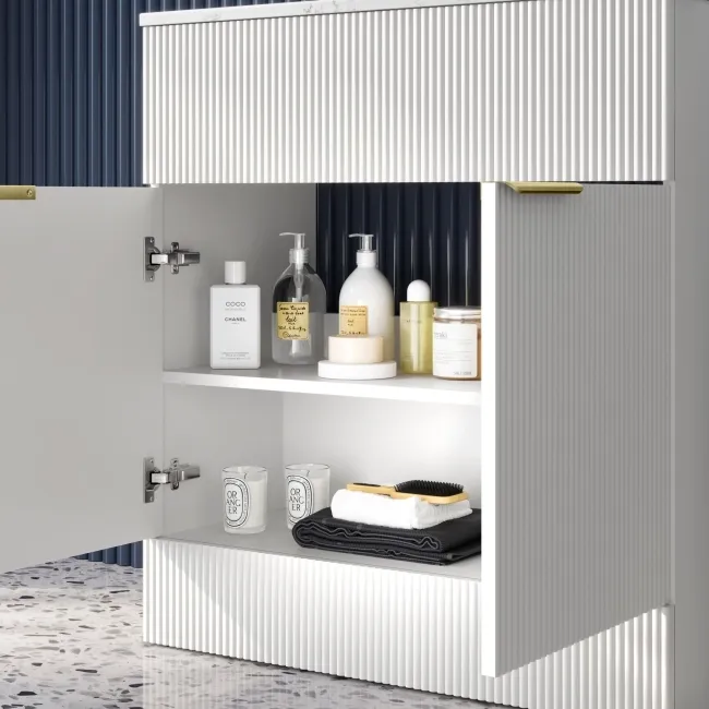 Havana Fluted Coastal White Cabinet with Marble Top & Marin Basin 800mm - Brushed Brass Accents