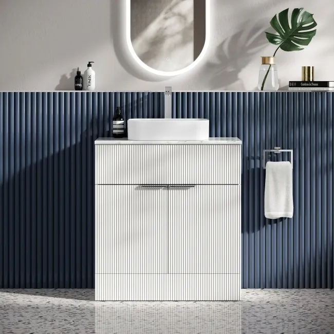 Havana Fluted Coastal White Cabinet with Marble Top & Marin Basin 800mm - Chrome Handles