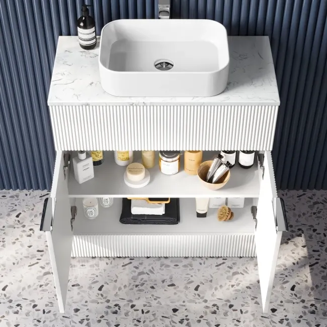 Havana Fluted Coastal White Cabinet with Marble Top & Marin Basin 800mm - Chrome Handles