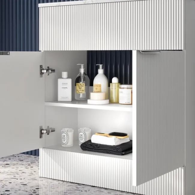 Havana Fluted Coastal White Cabinet with Marble Top & Marin Basin 800mm - Chrome Handles