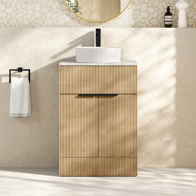 Havana Fluted Country Oak Cabinet with Marble Top & Nevis Basin 600mm - Black Accents