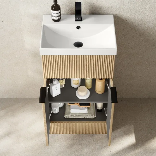 Havana Fluted Country Oak Basin Vanity and Back To Wall Toilet Unit 1000mm (Excludes Toilet) - Black Accents