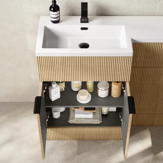 Havana Fluted Country Oak Basin Vanity and Back To Wall Toilet Unit 1100mm (Excludes Toilet) - Black Accents - Left Handed