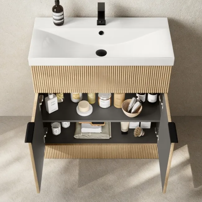 Havana Fluted Country Oak Basin Vanity and Back To Wall Toilet Unit 1300mm (Excludes Toilet) - Black Accents