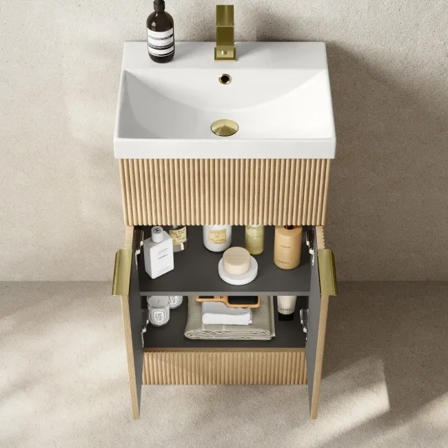 Havana Fluted Country Oak Basin Vanity 500mm - Brushed Brass Accents