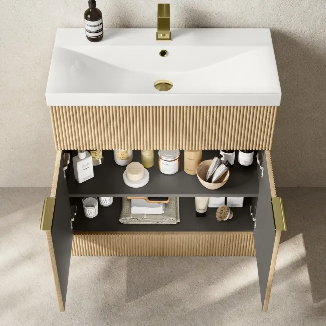 Havana Fluted Country Oak Basin Vanity and Back To Wall Toilet Unit 1300mm (Excludes Toilet) - Brushed Brass Accents