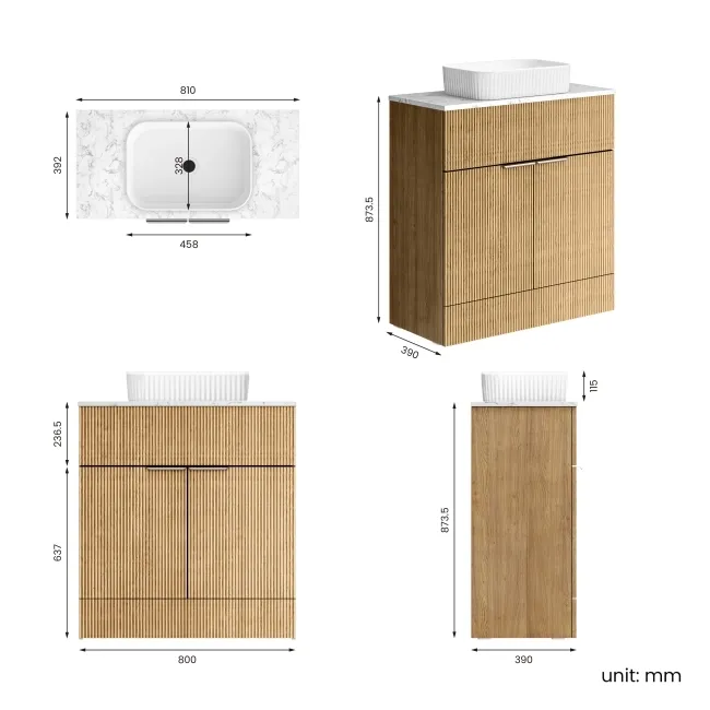 Havana Fluted Country Oak Cabinet with Marble Top & Reno Basin 800mm - Chrome Handles