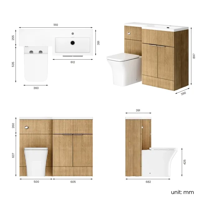 Havana Fluted Country Oak Combination Vanity Basin and Houston Toilet 1100mm - Chrome Handles - Right Handed
