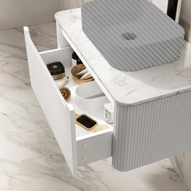 Sorrento Fluted Coastal White Wall Hung Drawer Vanity with Marble Top 800mm - Excludes Counter Top Basin