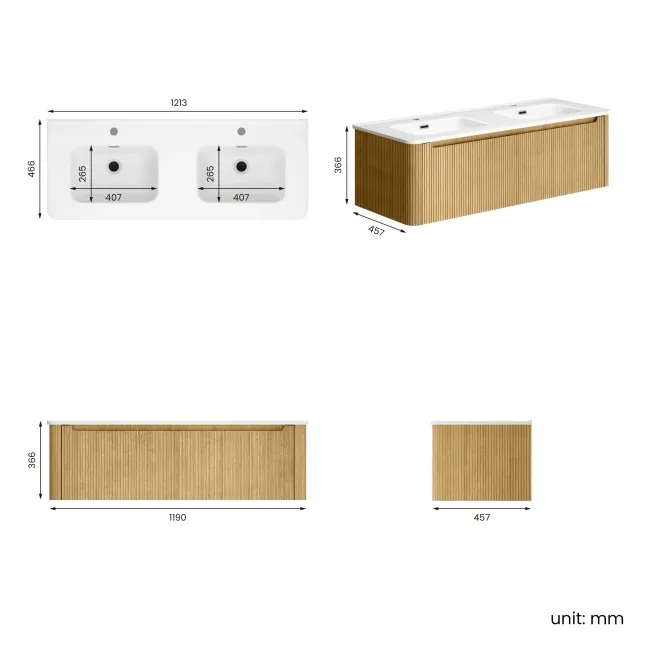 Sorrento Fluted Country Oak Wall Hung Double Basin Drawer Vanity 1200mm