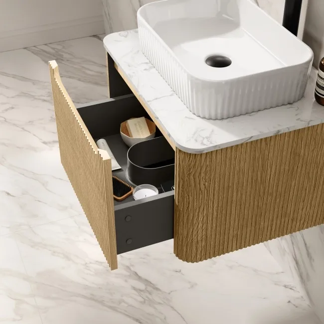 Sorrento Fluted Country Oak Wall Hung Drawer Vanity with Marble Top & Reno Basin 600mm