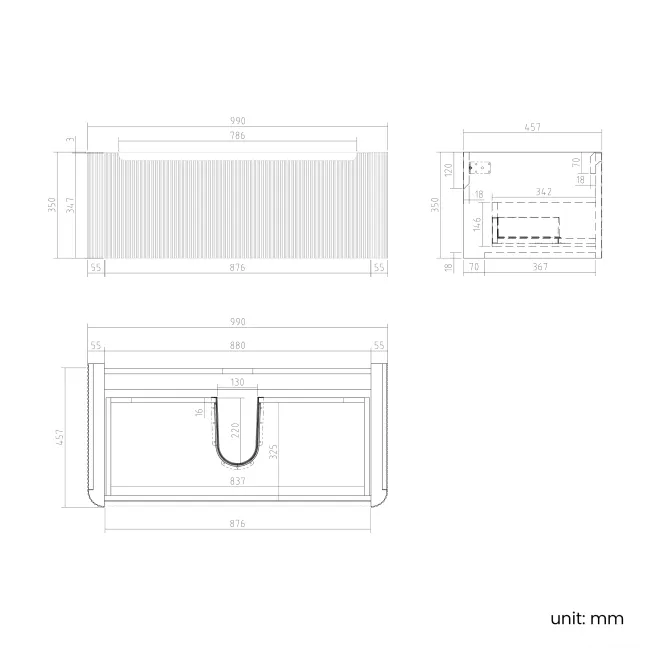 Sorrento Fluted Black Walnut Wall Hung Basin Drawer Vanity 1000mm