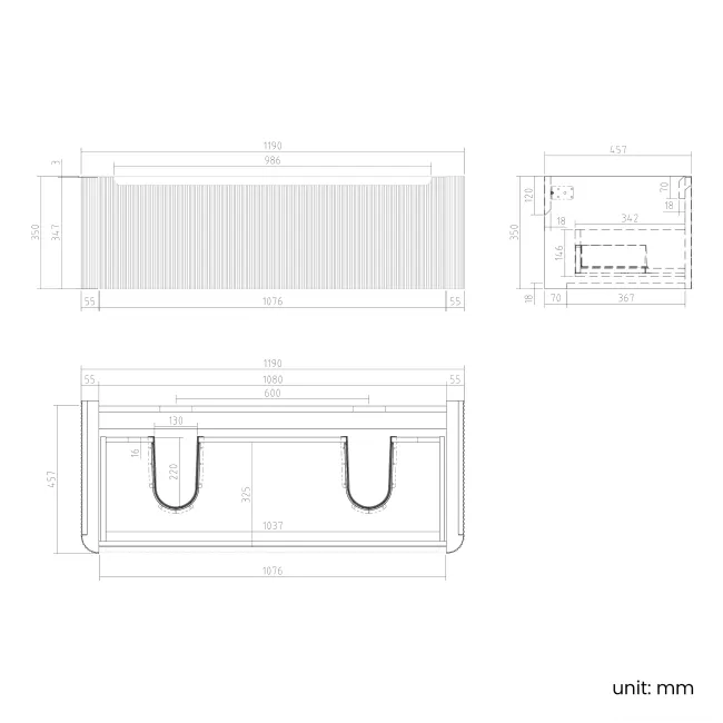 Sorrento Fluted Black Walnut Wall Hung Drawer Vanity with Matt White Double Basin 1200mm