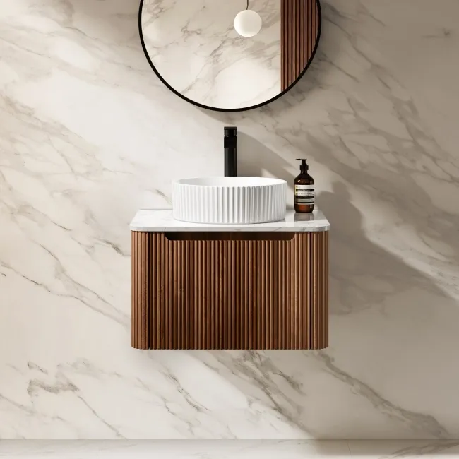 Sorrento Fluted Black Walnut Wall Hung Drawer Vanity with Marble Top & Nevis Basin 600mm