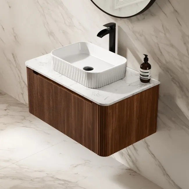 Sorrento Fluted Black Walnut Wall Hung Drawer Vanity with Marble Top & Reno Basin 800mm