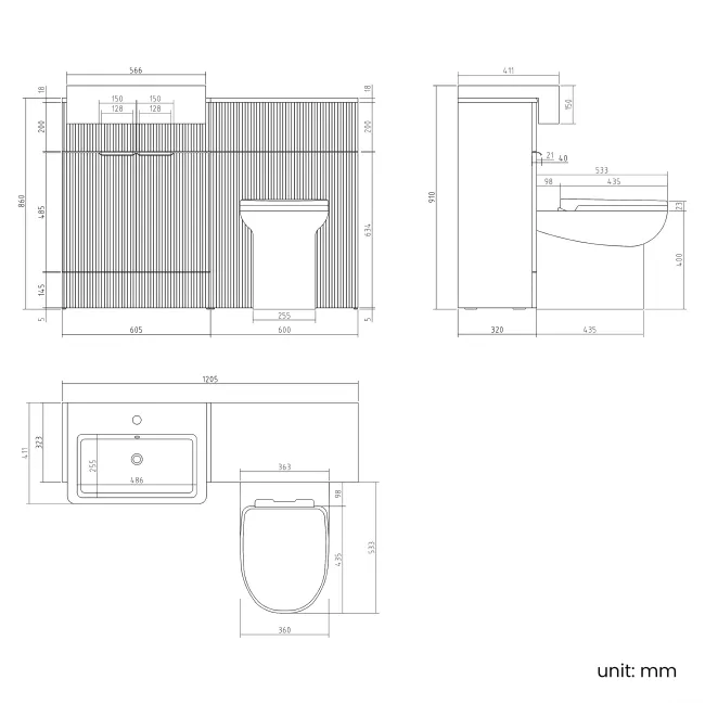 Sicily Fluted Country Oak Combination Vanity Basin and Aruba Toilet 1200mm - Black Accents
