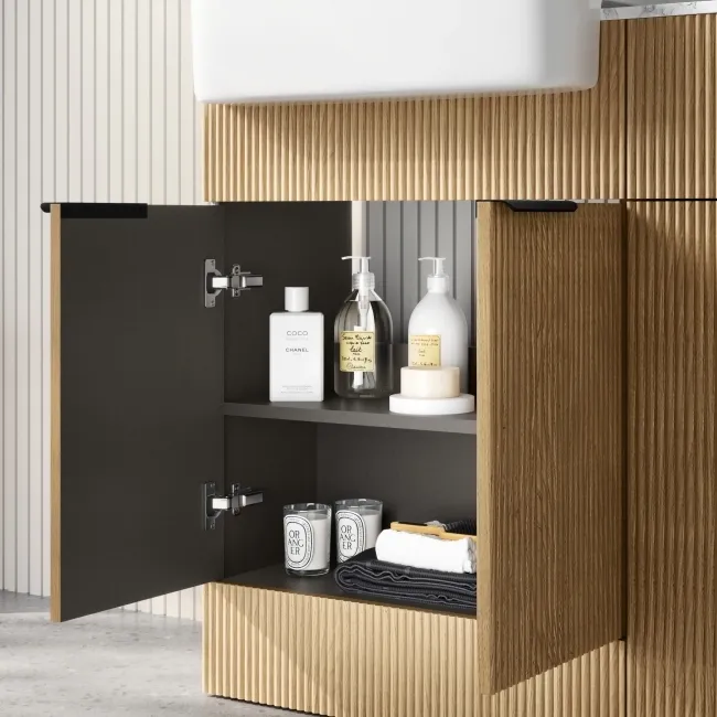 Sicily Fluted Country Oak Basin Vanity with Marble Top & Back To Wall Unit 1200mm (Excludes Toilet) - Black Accents