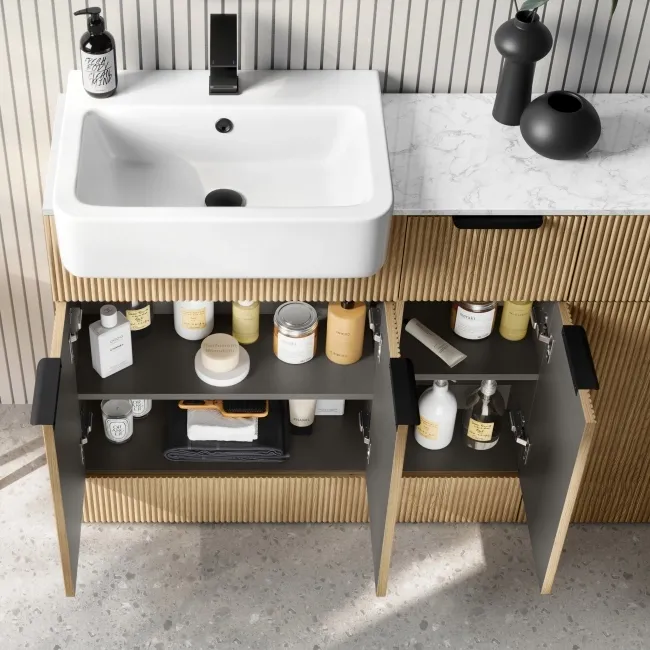 Sicily Fluted Country Oak Combination Vanity Basin with Marble Top 1500mm (Excludes Toilet) - Black Accents